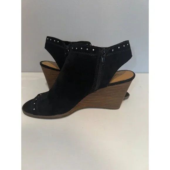 Lucky Brand Womens Shoes Sz 9 Ulyssas Black Suede Leather Peep Toe Wedge Booties - Picture 5 of 11
